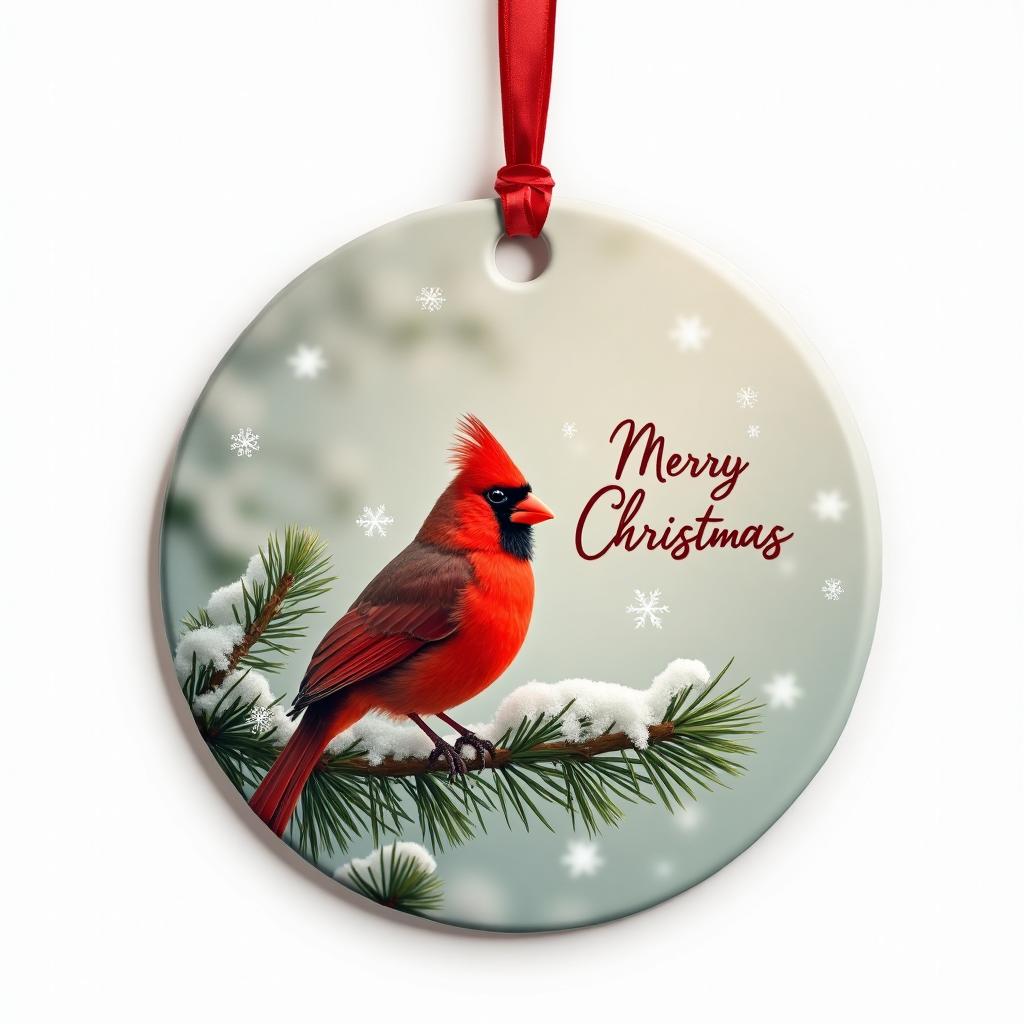 Christmas Cardinal Ceramic Ornament with red cardinal on snowy pine branch